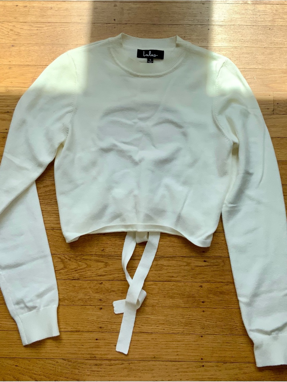 Lulu's Ivory Tie-Front Cropped Crew Sweater